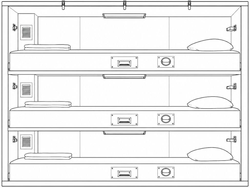 Three-high enlisted berthing rack — click to shop enlisted berthing curtains