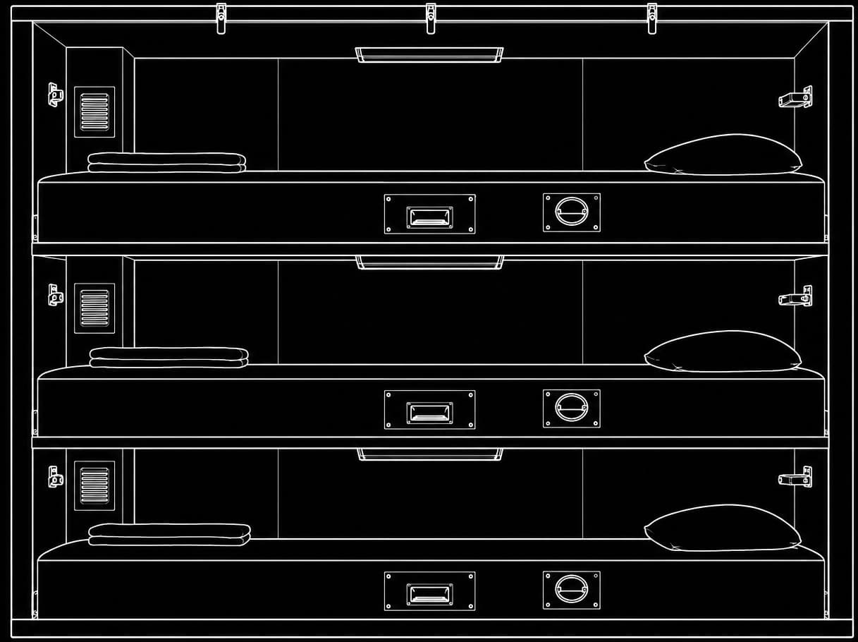 Three-high enlisted berthing rack — click to shop enlisted berthing curtains