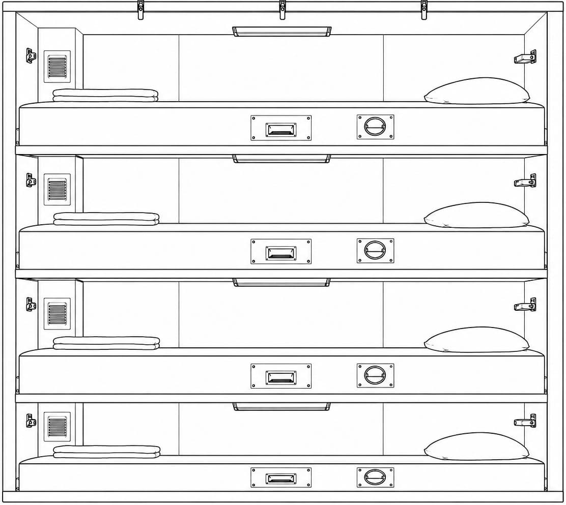 Four-high enlisted berthing rack — click to shop enlisted berthing curtains